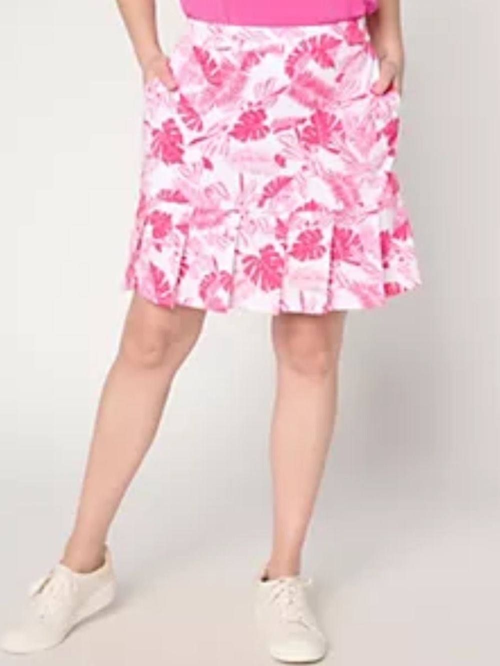 Susan Graver Pink Tropical Print Ruffle Hem Skirt/Skort